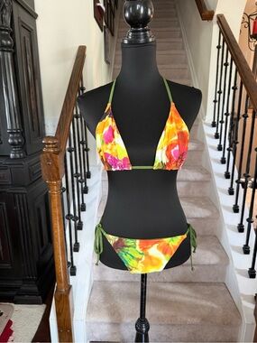 BECCA Multicolor Floral Tie-Dye Bikini with Olive Straps